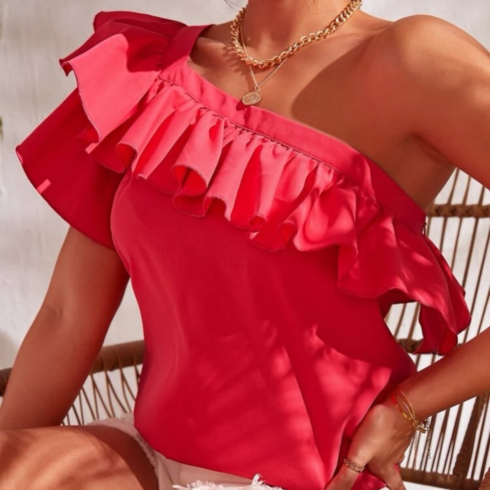 New, Lavishly Paris Women’s Absolutely Exquisite One Shoulder Ruffle Trim Blouse
